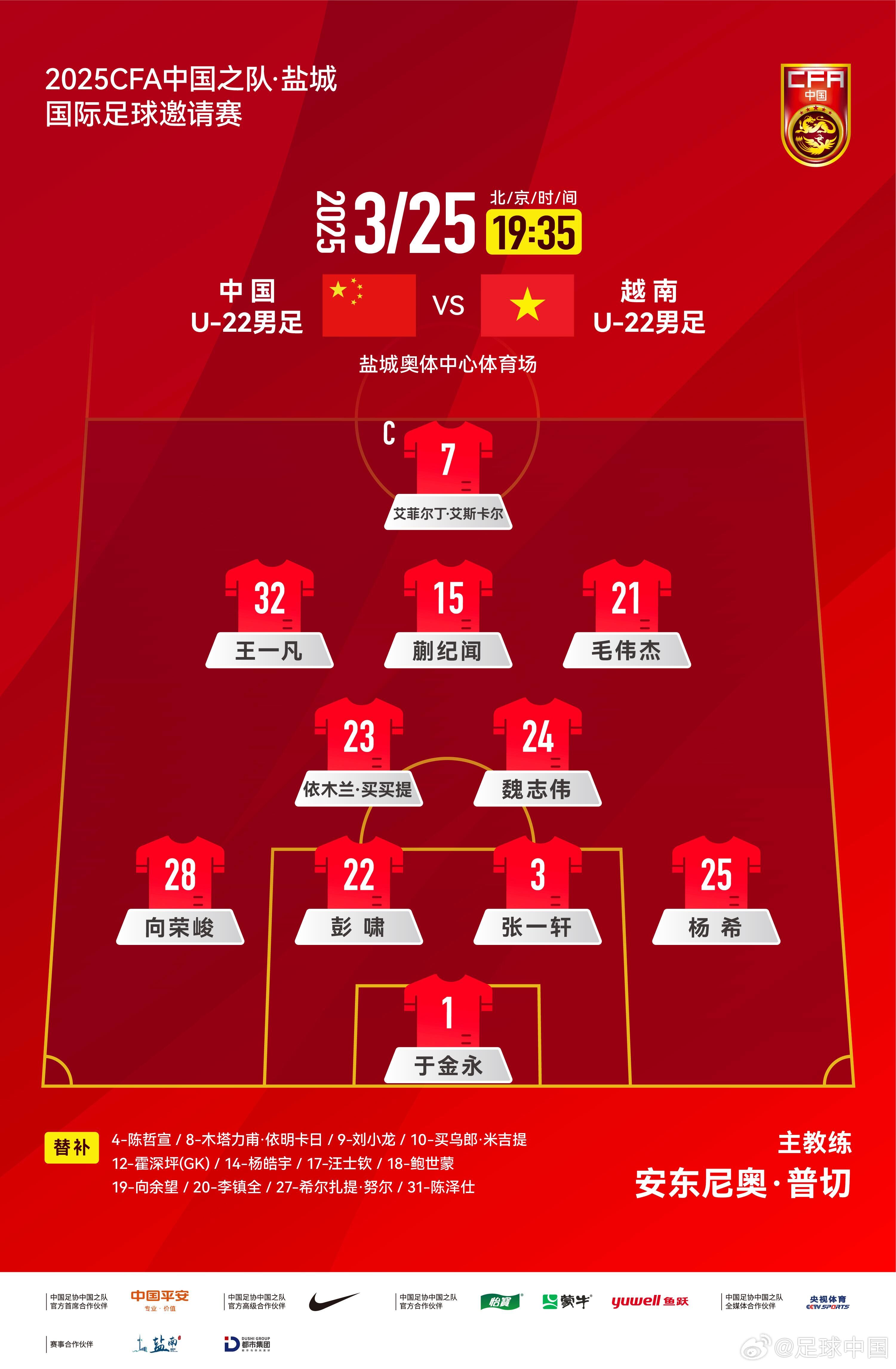 鹽城國(guó)際足球邀請(qǐng)賽中國(guó)U-22男足vs越南U-22男足，中國(guó)隊(duì)首發(fā)陣容