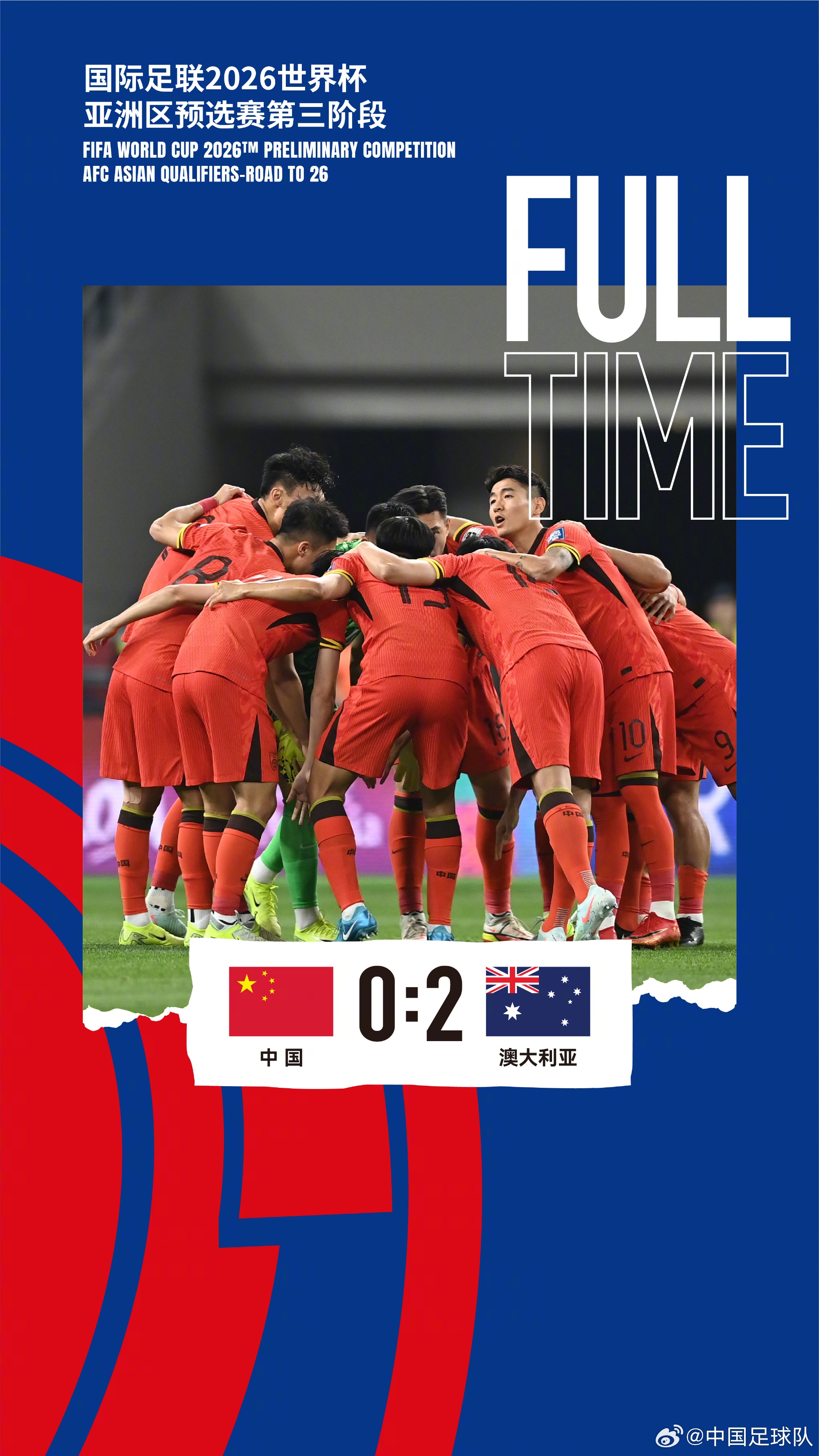 美加墨世界杯亞洲區(qū)預(yù)選賽第三階段第八輪，中國隊0-2澳大利亞隊
